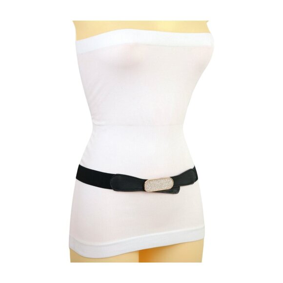 New Fun Women Black Stretch Waistband Fashion Belt Gold Oval Bling Buckle S M - Picture 14 of 17